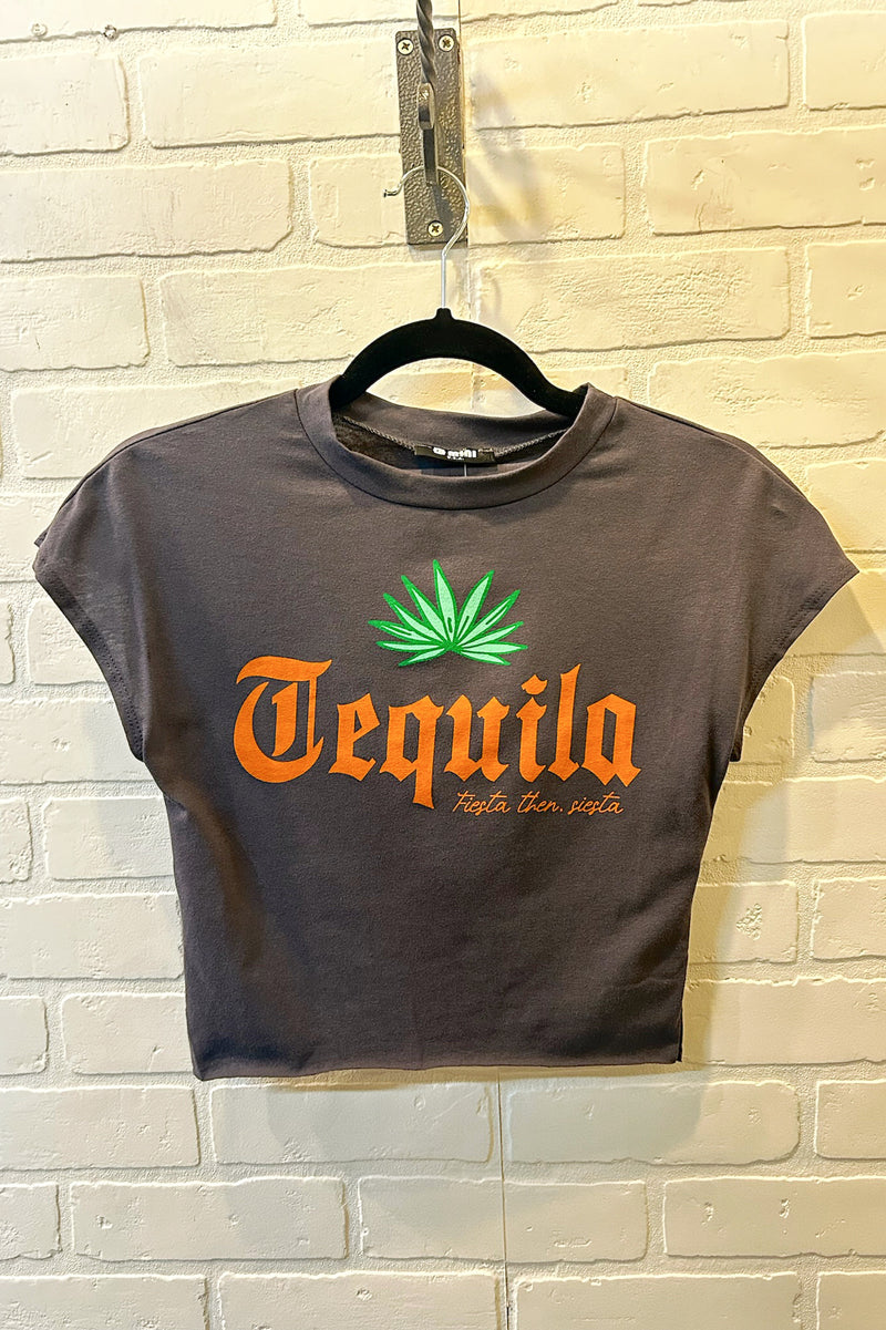 Tequila Fiesta Than Siesta Baby Tee- Charcoal