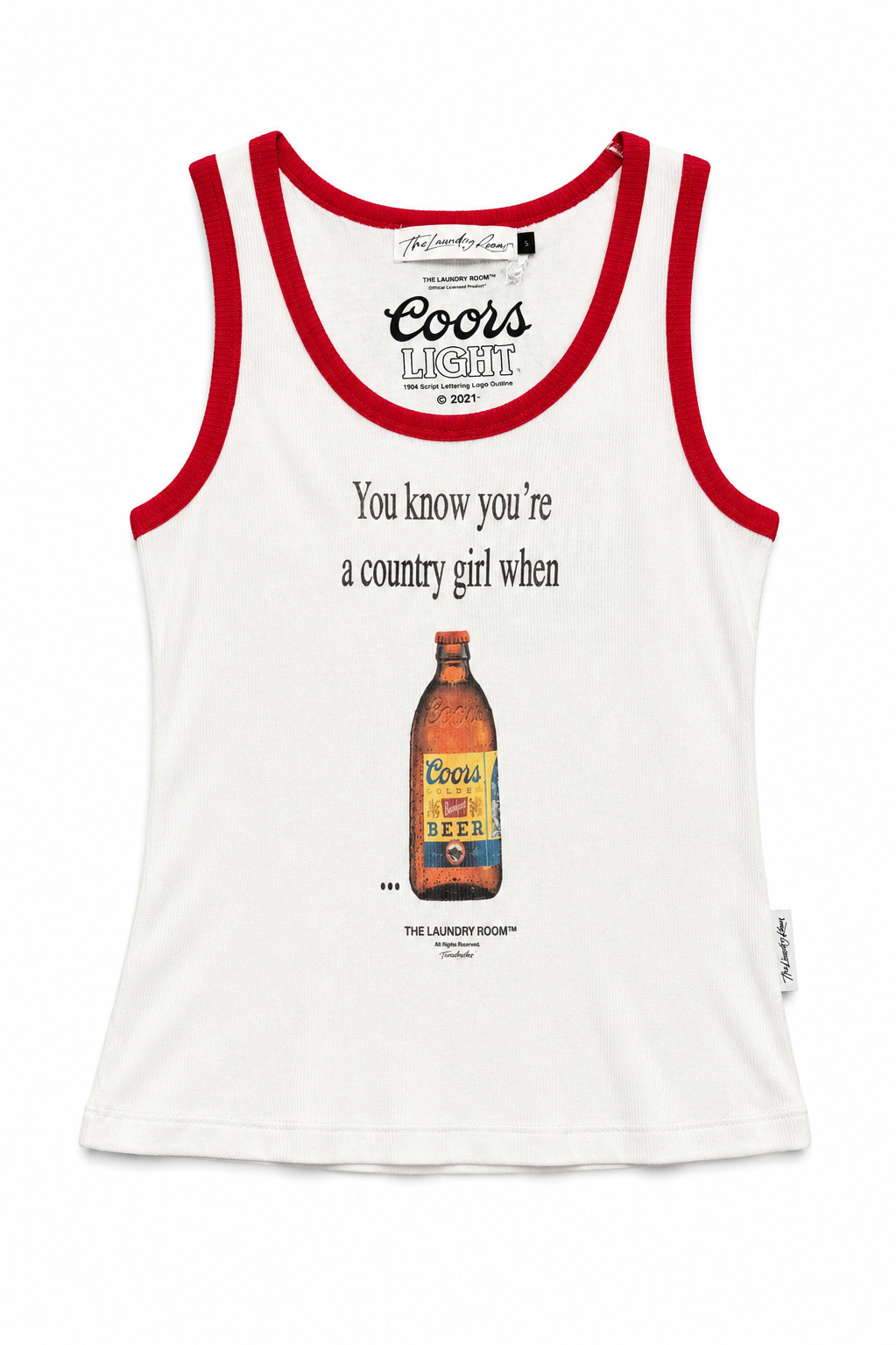A white tank top with red trim, featuring a vintage Coors Lager advertisement print on the front with the text 'You know you're a country girl when' and an illustration of a Coors beer bottle.