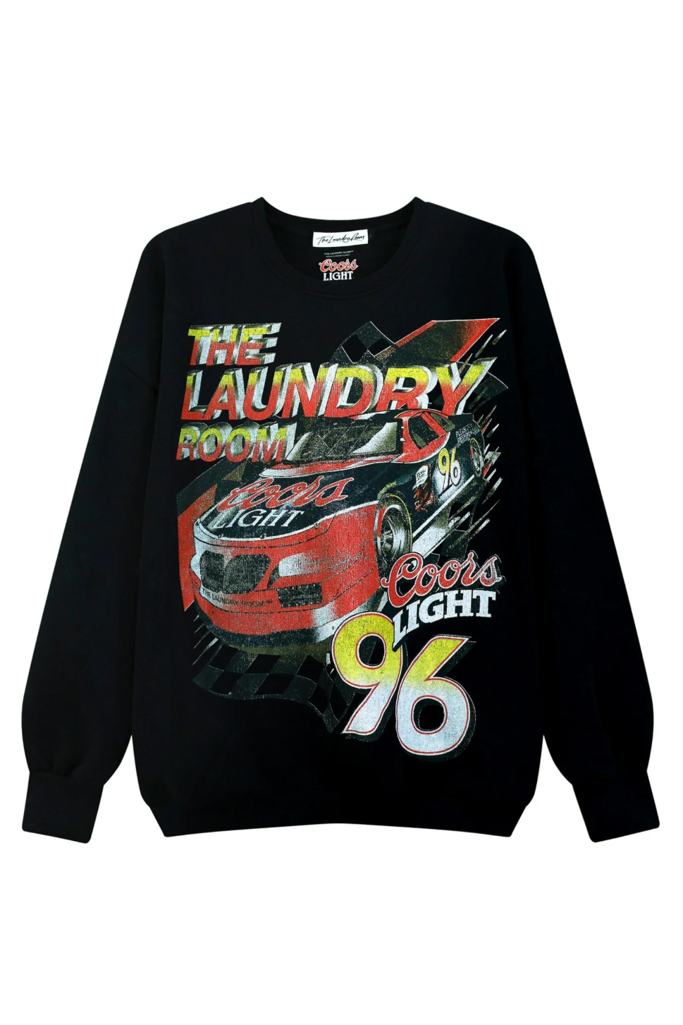 Black sweatshirt with Coors Light racing car graphic on a white background