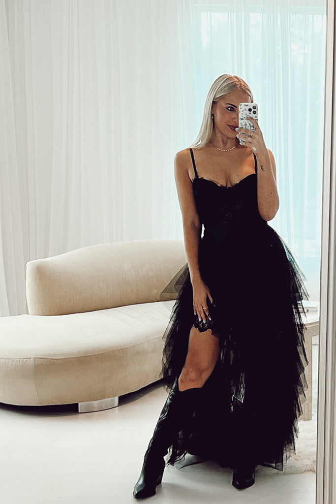 Enchanted Ruffle Skirt Lined Dress - Black