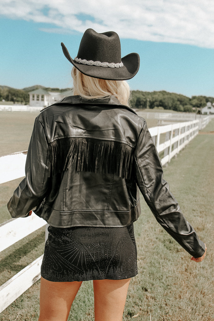 Straight Shooter Faux Leather Fringe Jacket Trendy and Tipsy