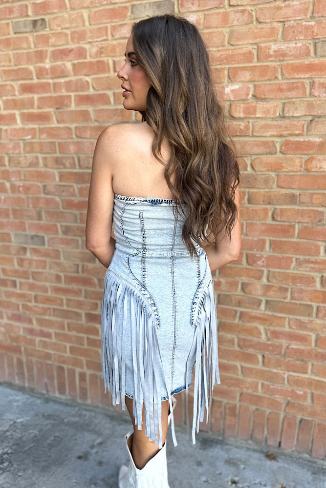 Vintage Fringe Denim Dress Miriam Strapless Ruffle Denim Maxi Dress Blue Ale Accessories Vintage Fringe Denim Dress Miriam Strapless Ruffle Denim Maxi Dress Blue Ale Accessories