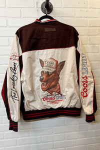 Coors Light branded jacket with logo on a white brick wall background
