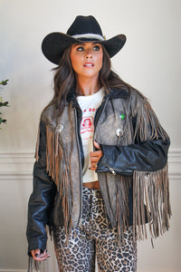 Vintage Two-Tone Leather Moto Fringe Jacket