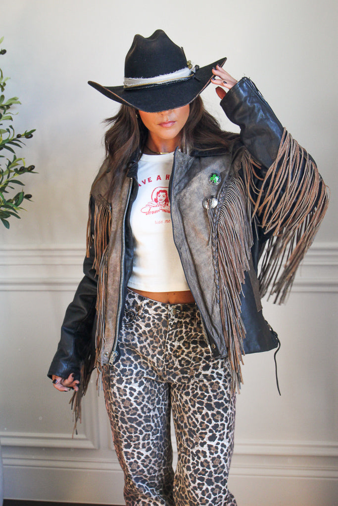 Vintage Two-Tone Leather Moto Fringe Jacket