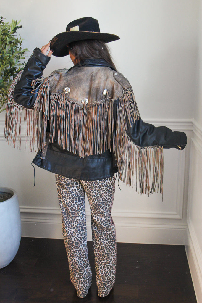 Vintage Two-Tone Leather Moto Fringe Jacket