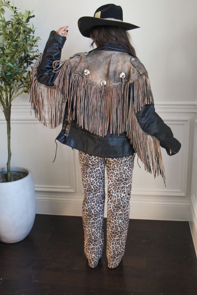 Vintage Two-Tone Leather Moto Fringe Jacket