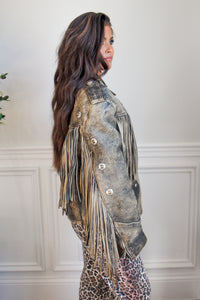 Vintage Acid Wash Concho Fringe Leather Jacket