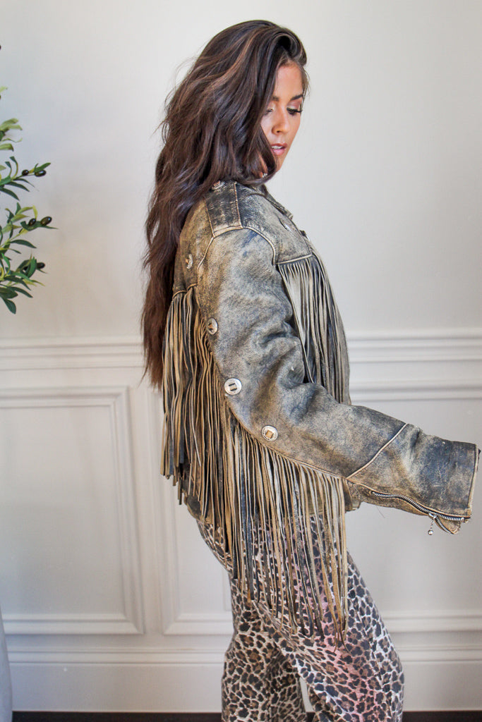 Vintage Acid Wash Concho Fringe Leather Jacket