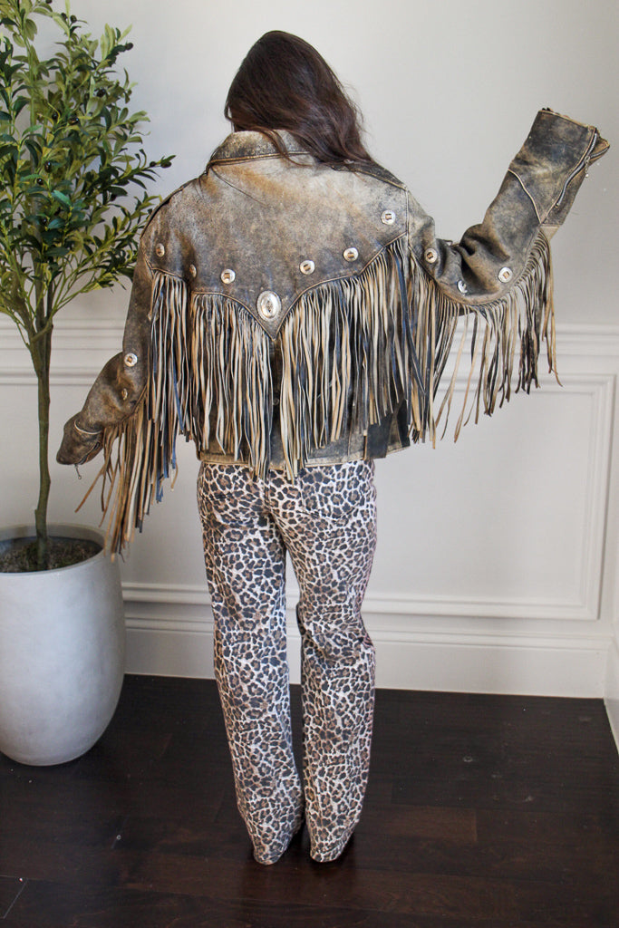 Vintage Acid Wash Concho Fringe Leather Jacket