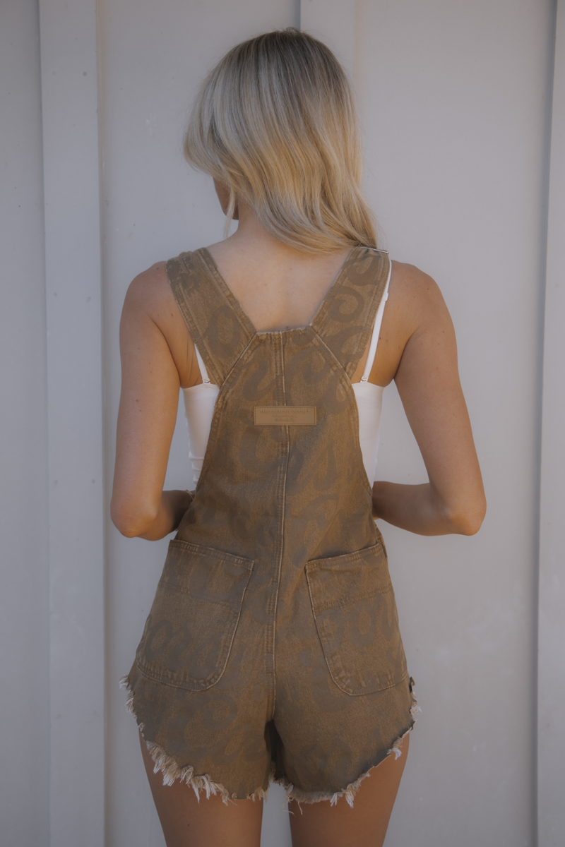 Person wearing brown denim overalls against a plain background