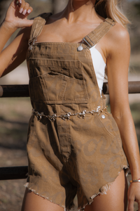 Brown denim overalls worn by a person with a blurred background