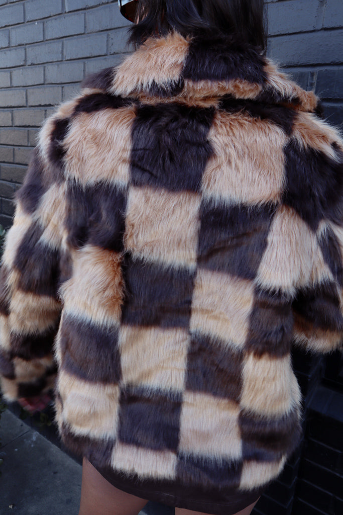 Checkered Faux Fur Jacket – Trendy and Tipsy