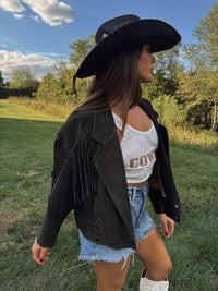 Rinzi Suede Fringe Cropped Jacket- Black
