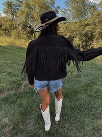 Rinzi Suede Fringe Cropped Jacket- Black