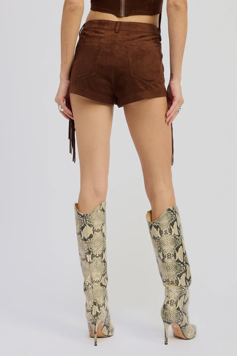 Person wearing brown suede shorts and snake print knee-high boots on a white background