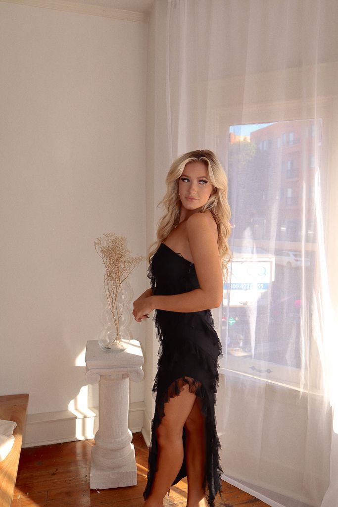 Isabella Ruffle Lace Maxi Dress - Black