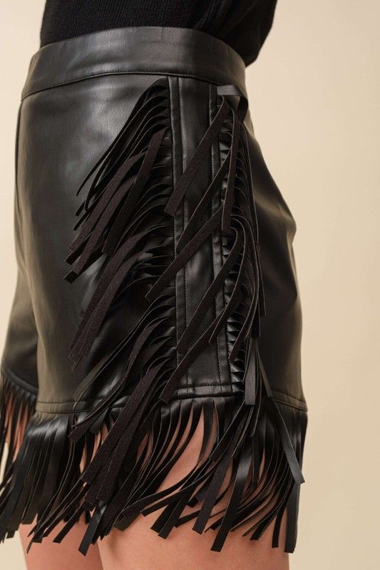 Winona Western Fringe Leather Shorts - Black