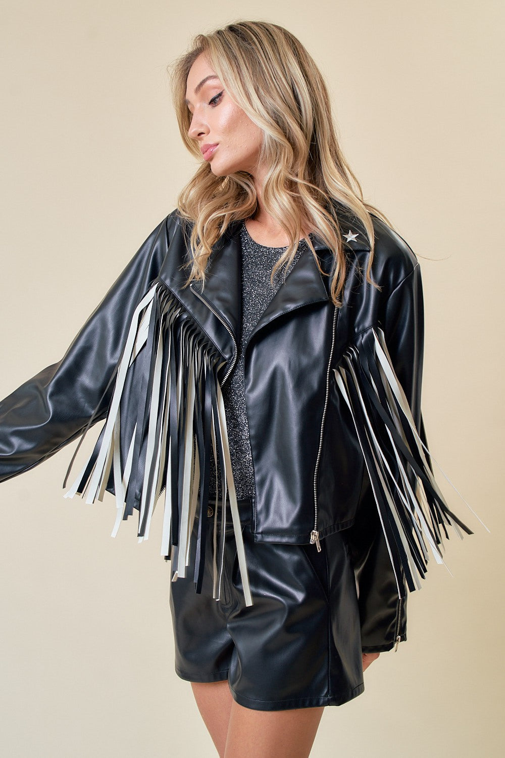 Faux leather sales fringe jacket