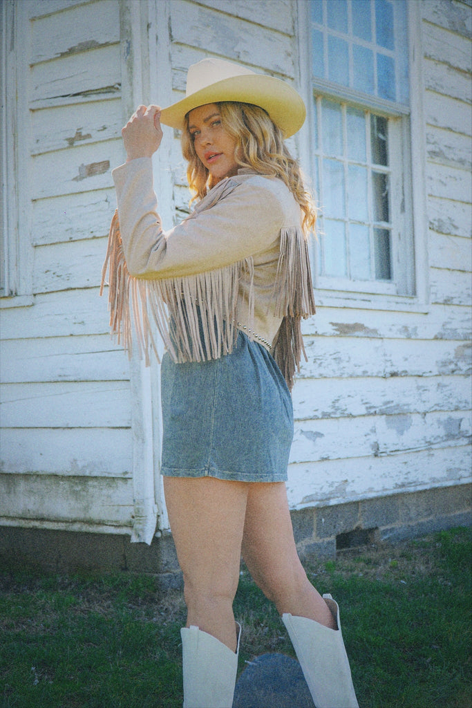 Country Strong Suede Studded Fringe Jacket - Taupe
