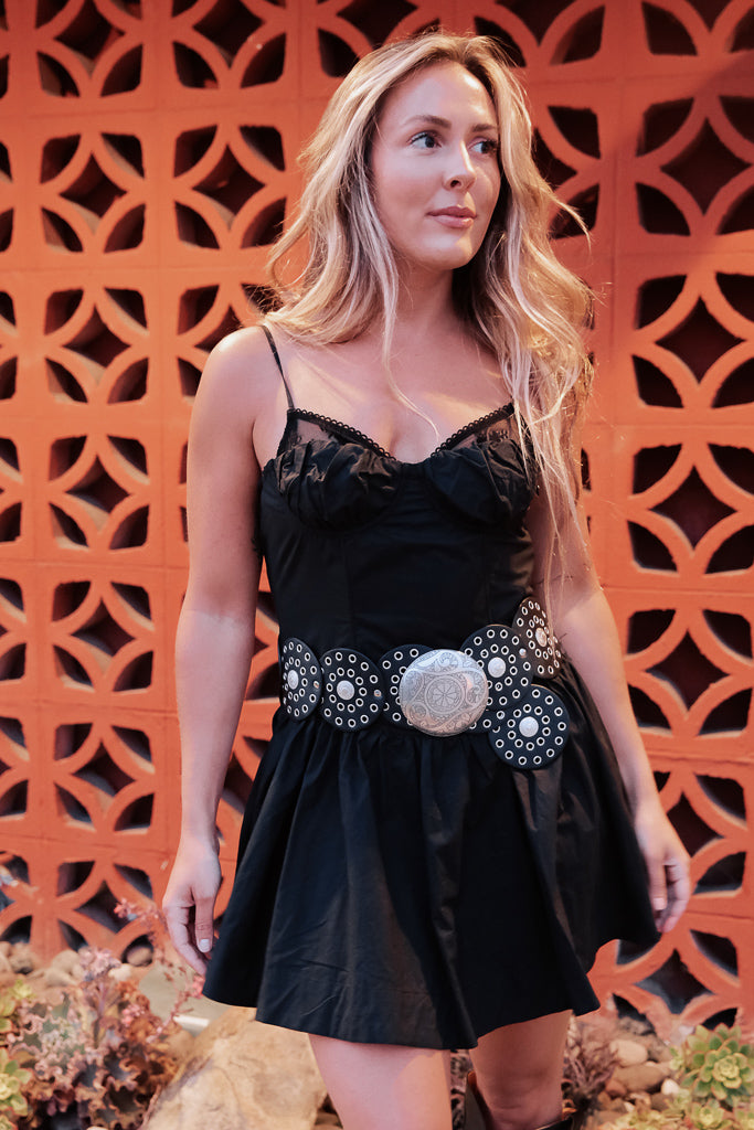 black dress silver belt Silk black dress with embroidered silver flower belt