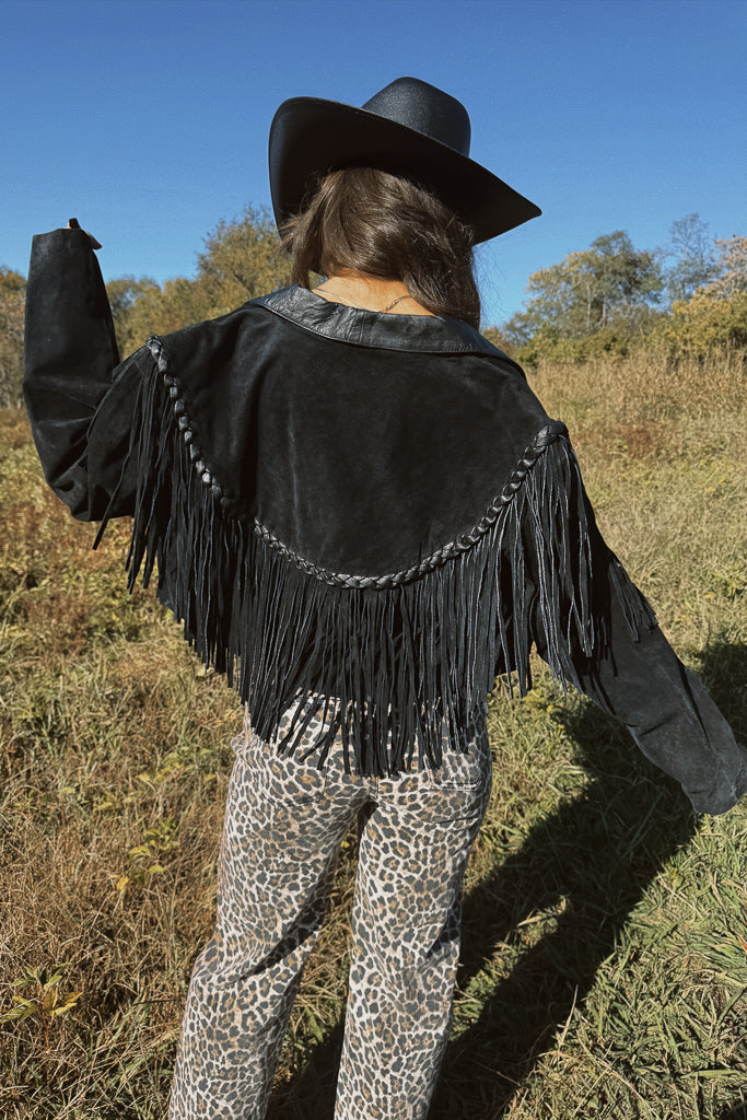 Vintage Cropped Suede Fringe Jacket- Black