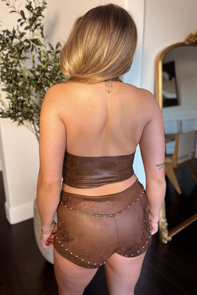 Cara Leather Halter Top- Brown