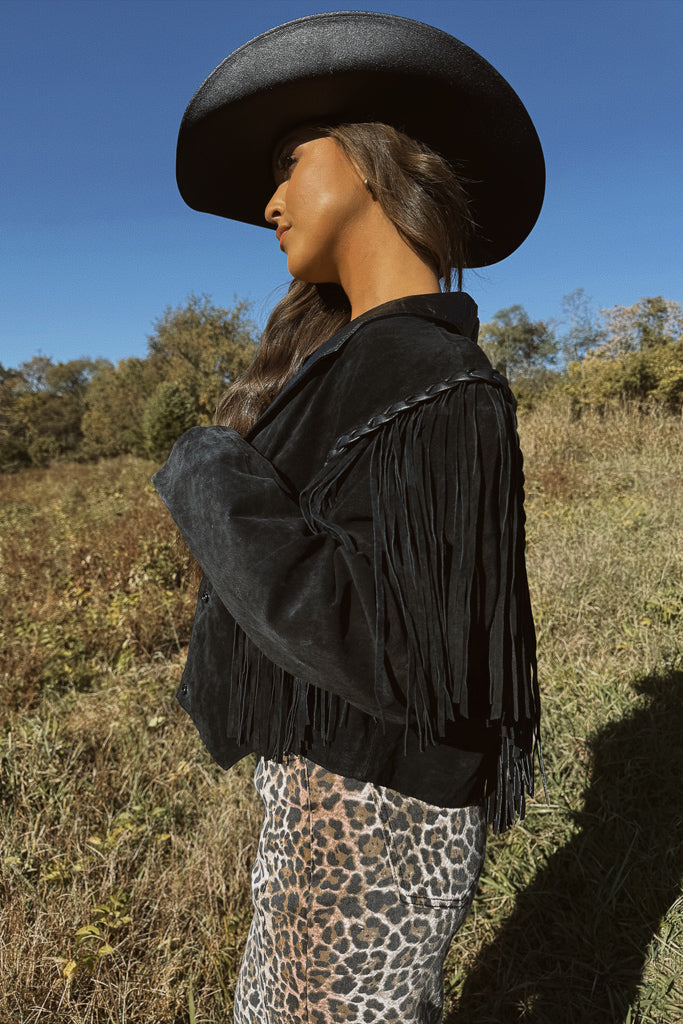 Vintage Cropped Suede Fringe Jacket- Black