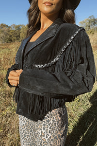 Vintage Cropped Suede Fringe Jacket- Black