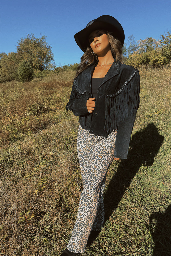 Vintage Cropped Suede Fringe Jacket- Black