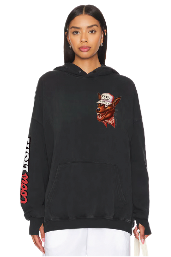 Black hoodie with a graphic Coors design on a white background