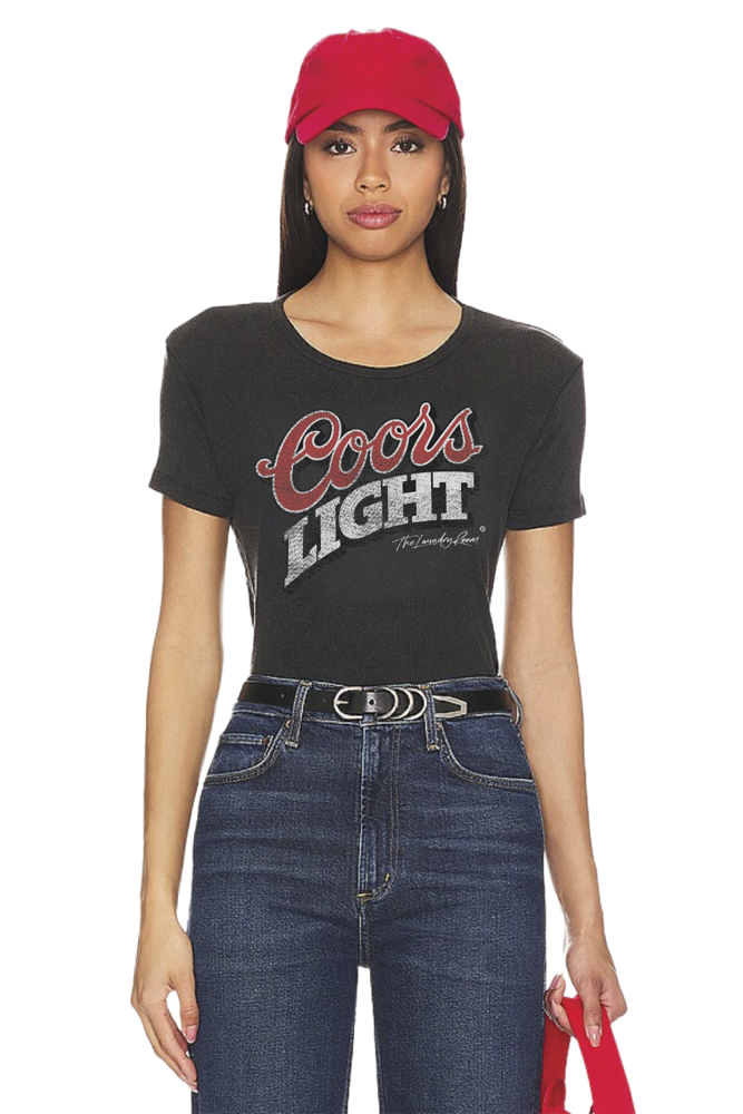 Black fitted t shirt for women with a vintage style coors light graphic on the front