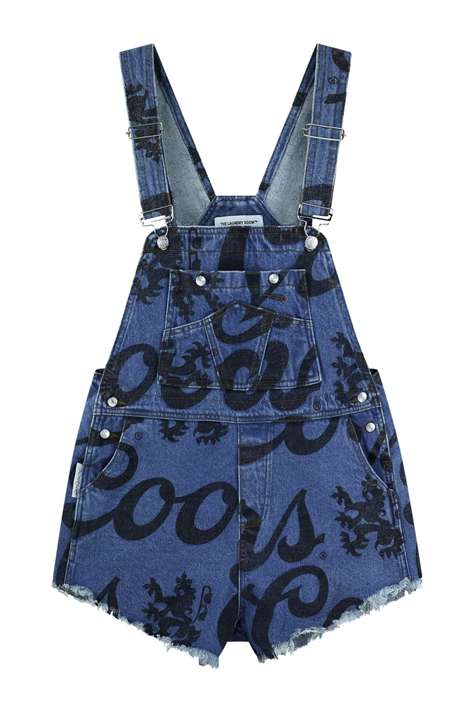 denim overall shorts with a Coors print pattern