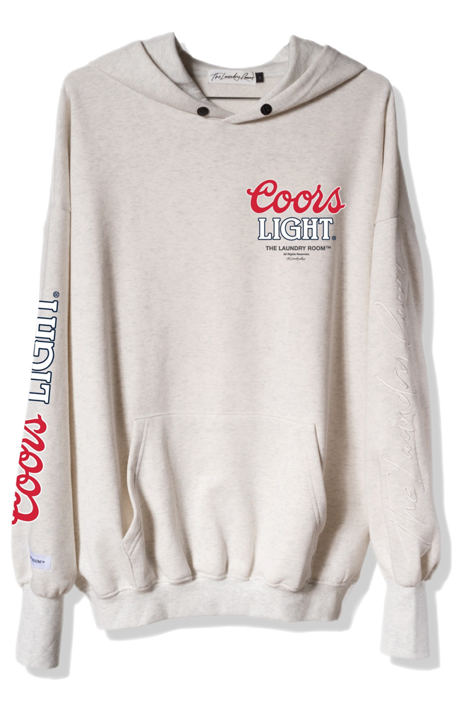Pebble Heather white/gray hoodie with Coors Light branding on a white background