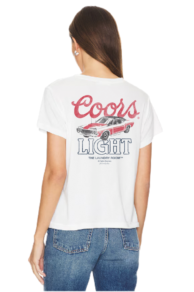 Woman wearing a white t-shirt with Coors Light branding on a white background