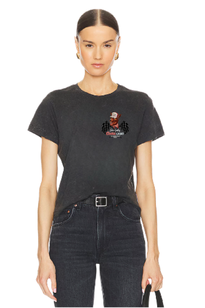 Person wearing a black t-shirt with a Coors graphic design on a white background