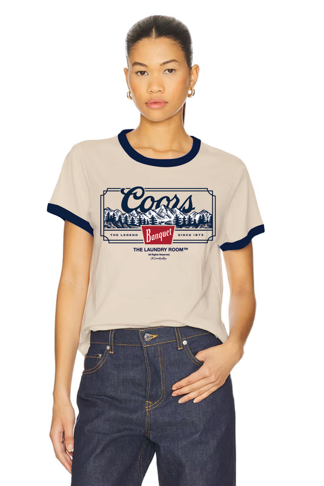 Beige Coors tee with blue and white Coors Graphic and logo