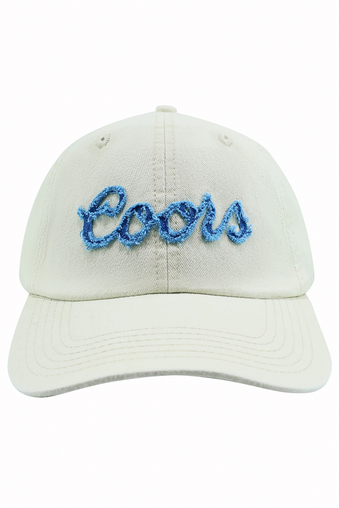 Beige cap with blue 'Coors' embroidery on a white background