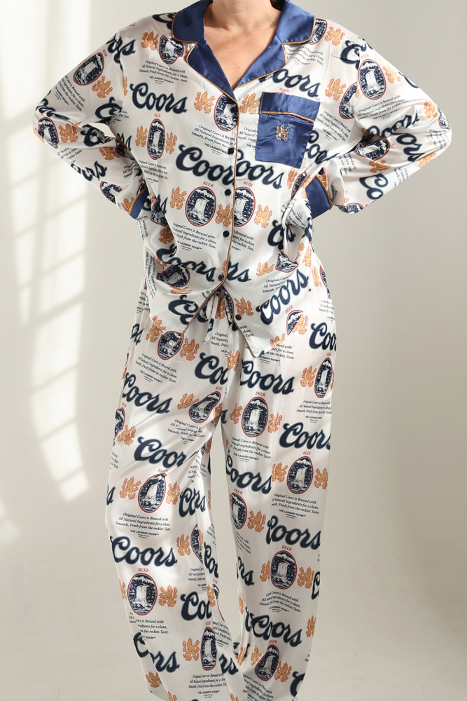 Coors-branded pajama set on a neutral background