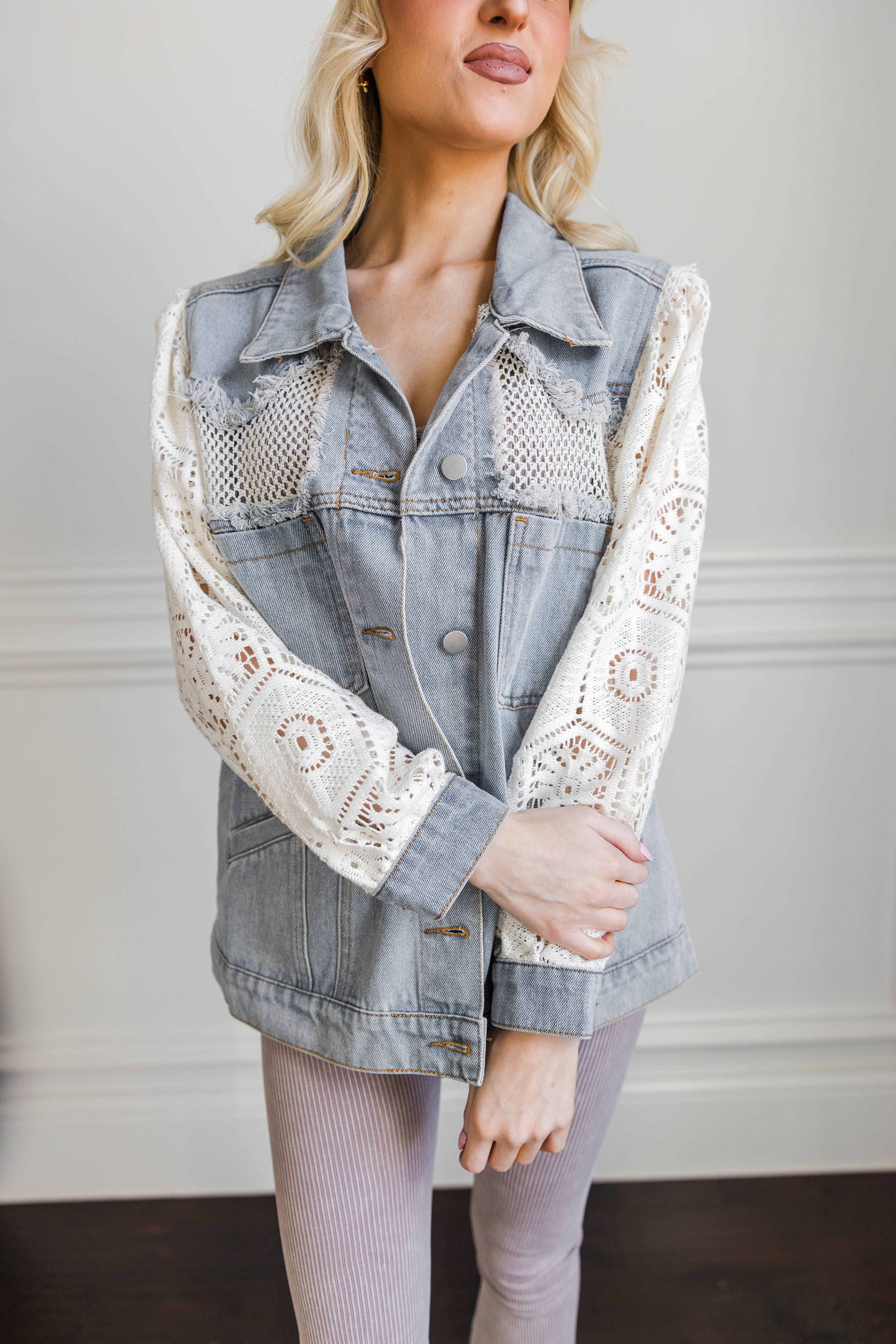Marlowe Crochet Lace Denim Jacket – Trendy and Tipsy