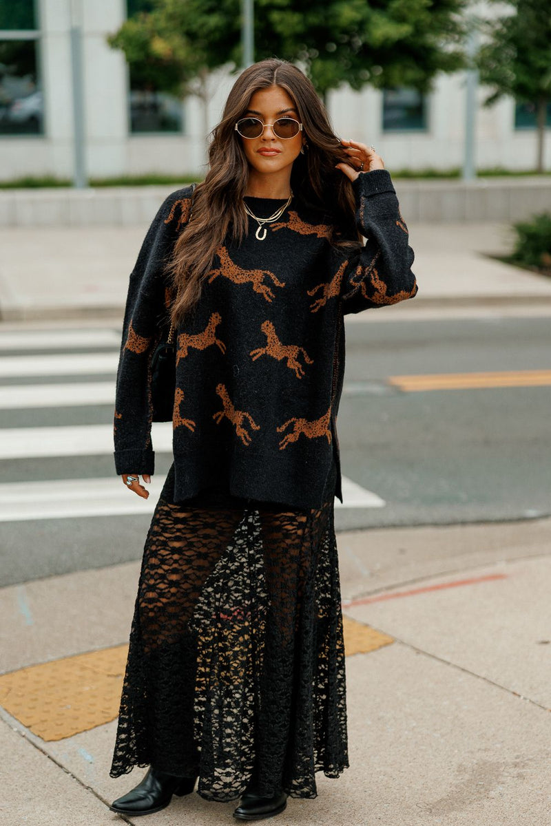 CHEETAH DESIGN KNIT SWEATER: Black