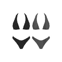 Black polka dot and striped bikini set on a white background