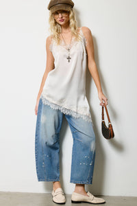 Lace Trim Satin Tank Top: Champagne