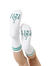 Living Royal - Fuzzy Crew Socks w/ Bottom Grip Phrase - "Tini Time" - White
