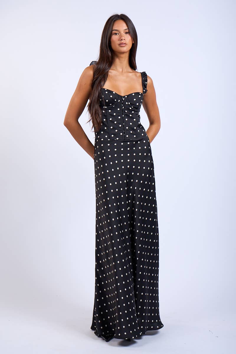 Rustic Charm Maxi Dress- Black Polka Dot