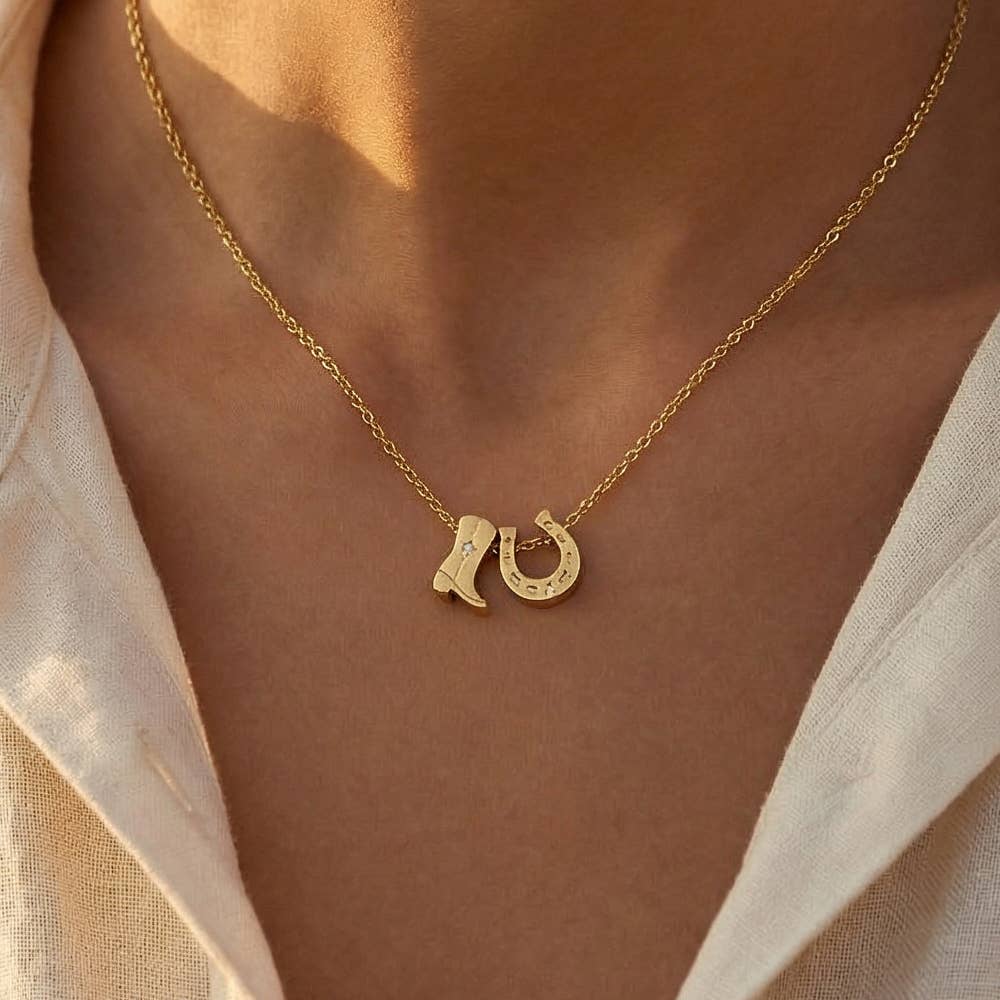 Anarchy Street - Gold Dipped Cowboy Boots Horse Shoe Charm Necklace: G