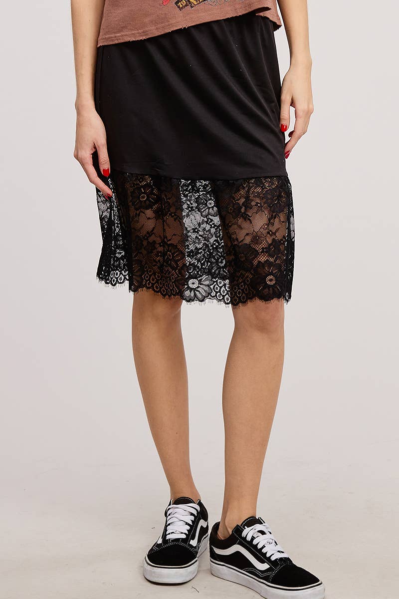 Lace Trim Slip Skirt- Black