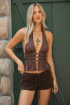 Indie Western Studded Halter Top - Brown