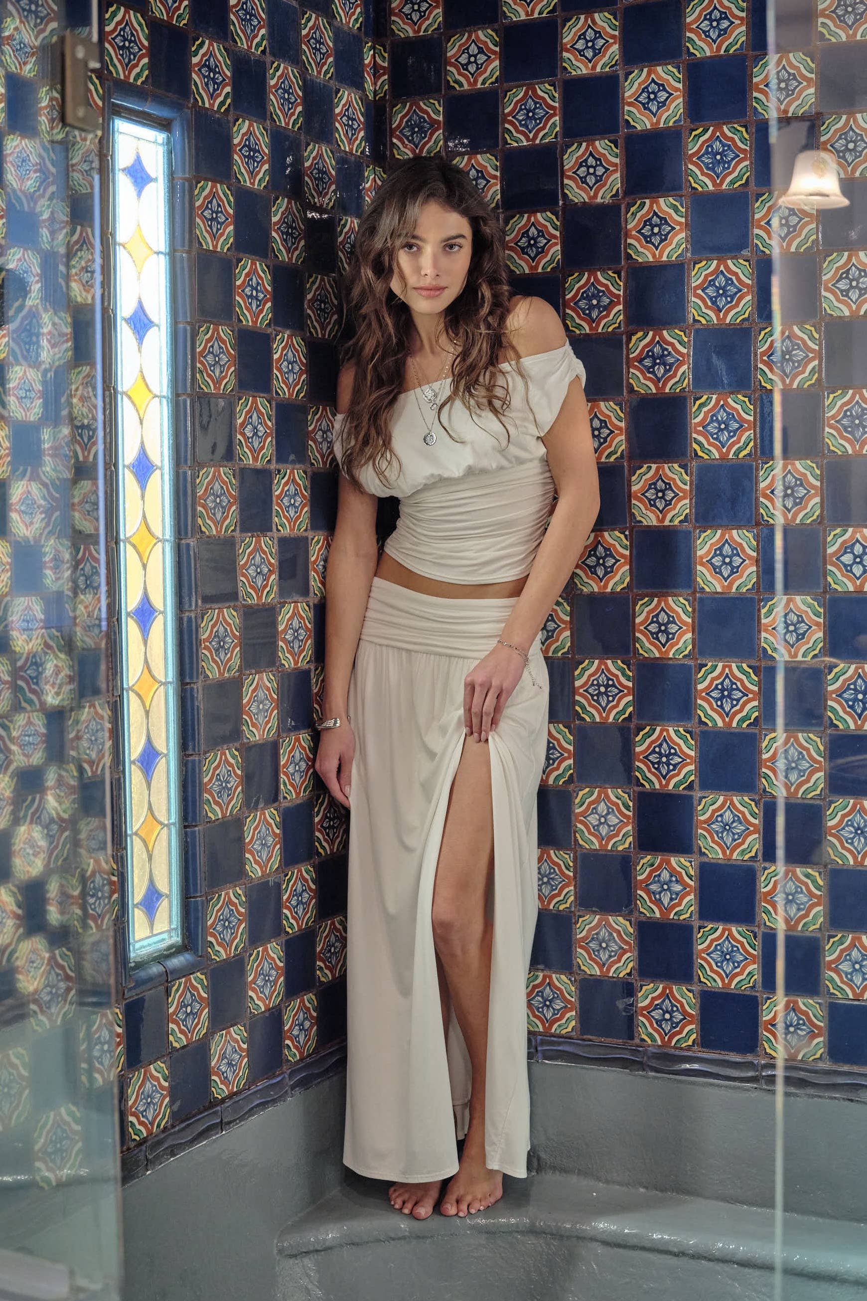 Farrah Ruched Maxi Skirt- White