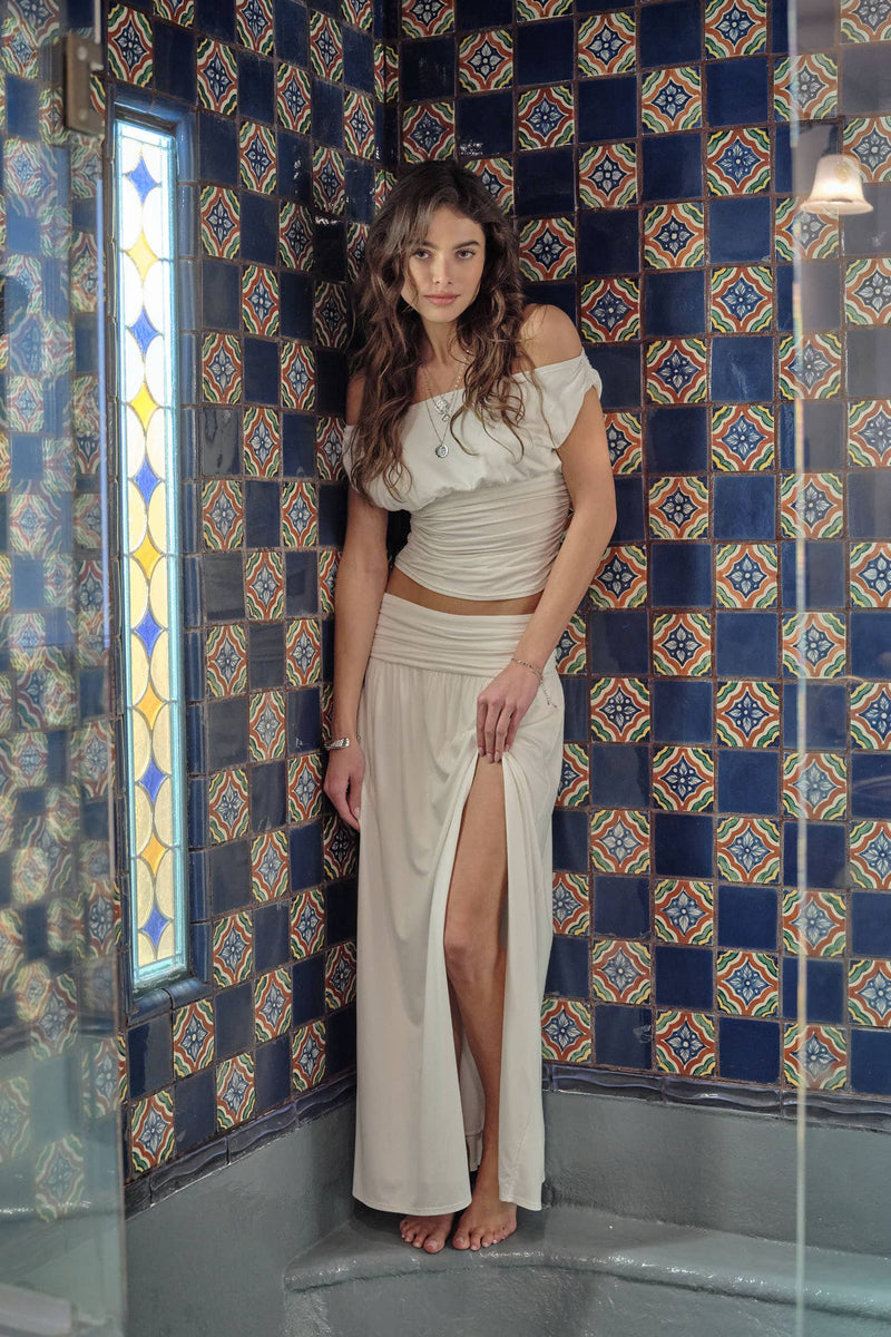 Farrah Ruched Maxi Skirt- White